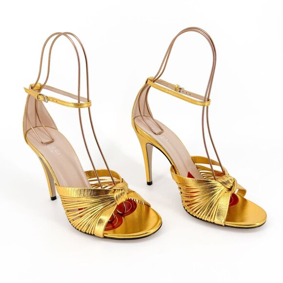 Gucci Crawford Knot Sandals EU 38.5 US 8.5 Gold Leather High Heel Shoe Allie - Picture 1 of 15